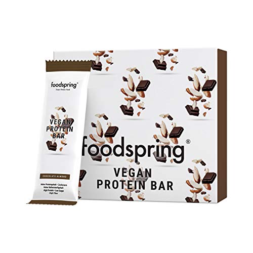 foodspring Barrita Proteica Vegana, 12 x 60g, Chocolate y Almendras, tu snack proteico vegano con proteína 100% vegetal