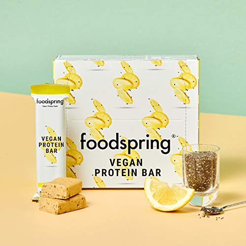 foodspring Barrita Proteica Vegana, Chia et citron, 12 x 60g, Barre Protéinée végétale sans arômes artificiels, peu de sucre et riche en protéines d'origine végétale