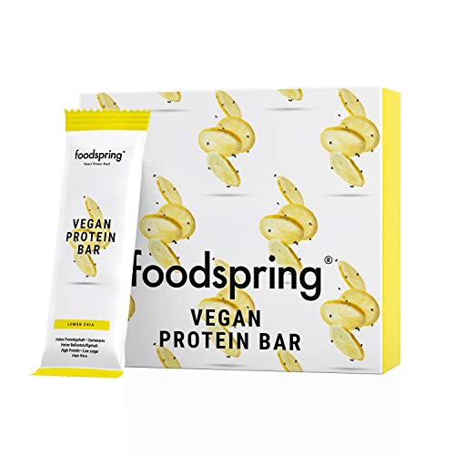 foodspring Barrita Proteica Vegana, Chia et citron, 12 x 60g, Barre Protéinée végétale sans arômes artificiels, peu de sucre et riche en protéines d'origine végétale