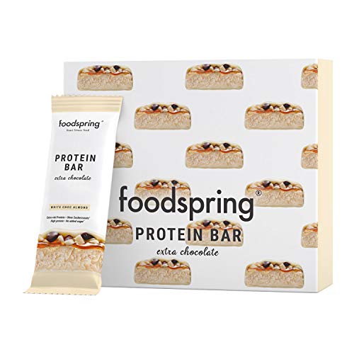 foodspring Barritas De Proteína Extra Choco, Chocolate Blanco y Almendras, 12 x 65g, una auténtica chocolatina con 95% menos de azúcares