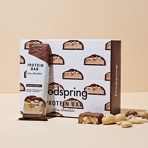 foodspring Barritas De Proteína Extra Choco, Crunchy Peanut, 12 x 65g, una auténtica chocolatina con 90% menos de azúcares