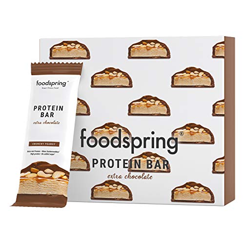 foodspring Barritas De Proteína Extra Choco, Crunchy Peanut, 12 x 65g, una auténtica chocolatina con 90% menos de azúcares