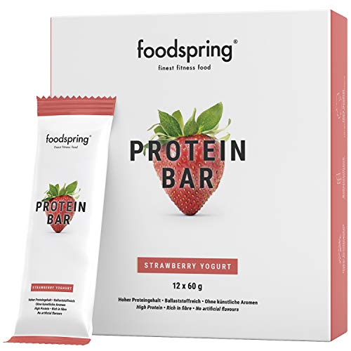 foodspring Barritas de Proteína, Sabor Fresa, Pack de 12 x 60g, Sin azúcar añadido, Baja en carbohidratos, Perfectas para después de entrenar