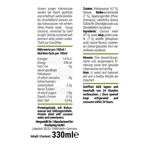 foodspring CocoWhey en pack de 12 x 330ml, Coco, La bebida proteica isotónica foodspring CocoWhey en pack de 12 x 330ml, Coco, La bebida proteica isotónica