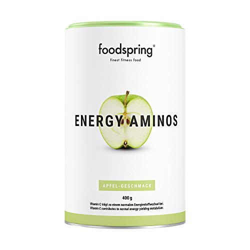 foodspring Energy Aminos, 400g, Sabor Manzana,Bebida pre-entreno con vitaminas C, B3, B12, cafeína, piperina y BCAA veganos