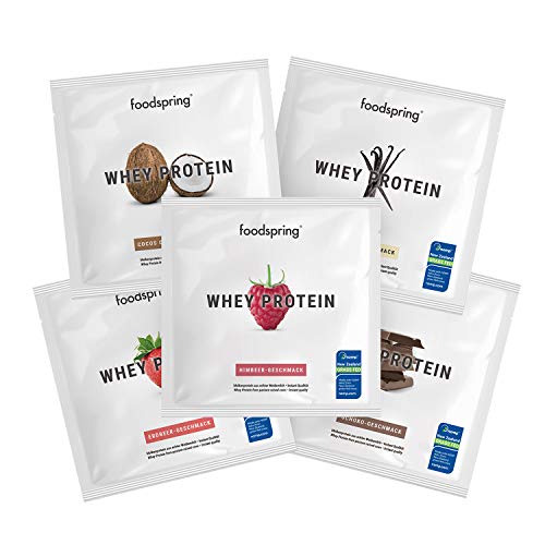 foodspring Muestras de Proteína Whey, Sabores distintos, 5 x 30g, 100% proteína de suero de leche, Proteína en polvo para el desarrollo muscular