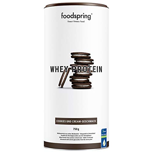 foodspring Proteína Whey, Sabor Cookies & Cream, 750g, 100% proteína de suero de leche, Proteína en polvo para el desarrollo muscular