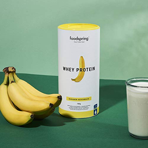 foodspring Proteína Whey, Sabor Plátano, 750g, 100% proteína de suero de leche, Proteína en polvo para el desarrollo muscular