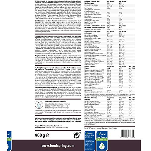 foodspring Shape Shake 2.0, Cookies & Cream, 900 g, Sustitutivo de comidas para controlar el peso, Alto en proteínas y fibras foodspring Shape Shake 2.0, Cookies & Cream, 900 g, Sustitutivo de comidas para controlar el peso, Alto en proteínas y fibras