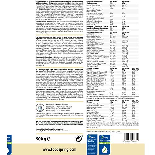 foodspring Shape Shake 2.0, Vainilla, 900 g, Sustitutivo de comidas para controlar el peso, Alto en proteínas y fibras