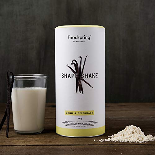 foodspring Shape Shake, Sabor Vainilla, 750g, Batido saciante, 100% proteína de suero de leche en polvo, Enriquecido con L-carnitina (quema grasas)