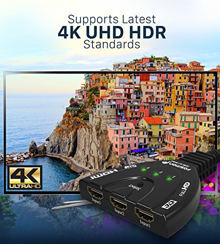 Fosmon 3-Puerto Conmutador HDMI 4K, 3x1 Switch, HDMI Automático, Selector Switcher UHD HDR 3D Full HD 1080p HDCP, 3 entradas, 1 Salida Divisor HDMI Splitter