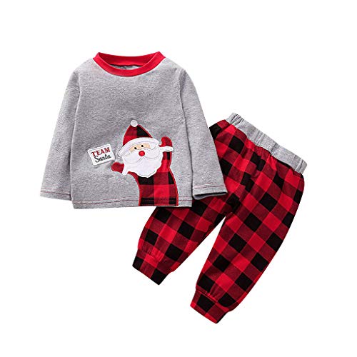 Fossen Kids - Pijamas Casero de Recién Nacido Bebé Navidad, Impresión de Santa Claus Top + Pantalones a Cuadros