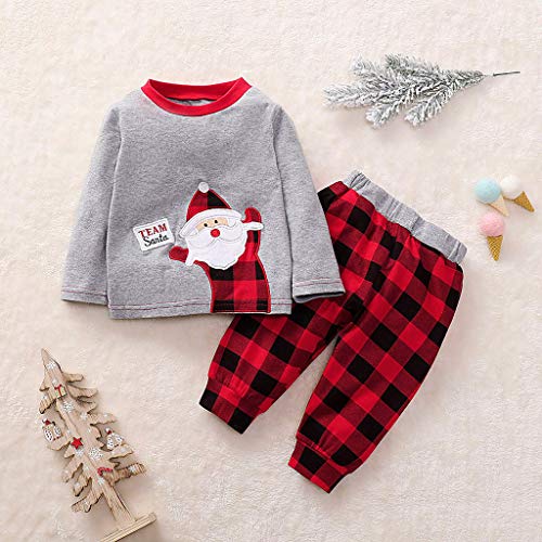 Fossen Kids - Pijamas Casero de Recién Nacido Bebé Navidad, Impresión de Santa Claus Top + Pantalones a Cuadros