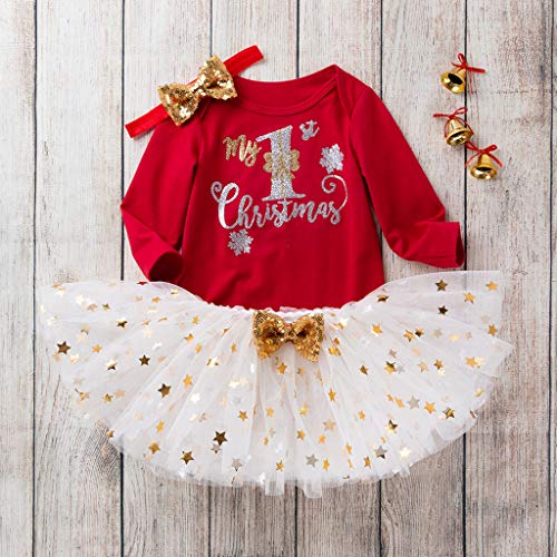 Fossen Kids - Pijamas Casero de Recién Nacido Bebé Navidad, My First Chirstmas Mono + Tutú a Cuadros + Diadema 3 PC Fossen Kids - Pijamas Casero de Recién Nacido Bebé Navidad, My First Chirstmas Mono + Tutú a Cuadros + Diadema 3 PC