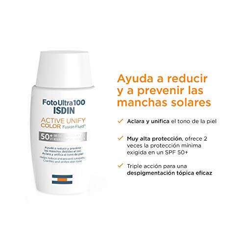 FotoUltra 100 ISDIN Active Unify Color SPF 50+ - Protector solar facial, Aclara y unifica el tono de piel, 50 ml