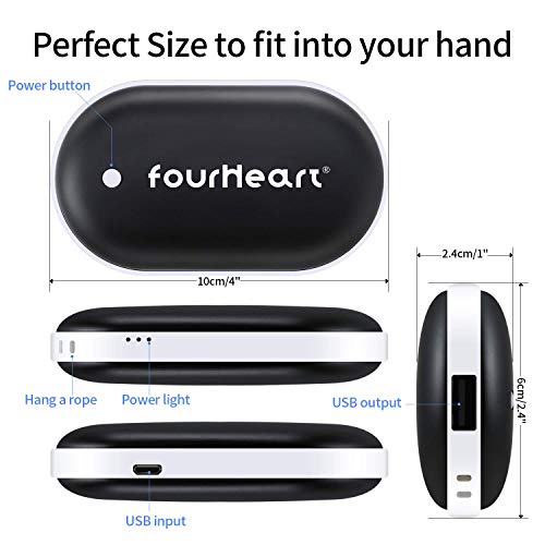 Four Heart Calentadores de Manos USB Recargables 5200mAh Mini Cargador, portátil Bolsillo,Calentador de Mano Eléctrico de Reutilizable, Camping, para Mujeres, Hombres (Negro)