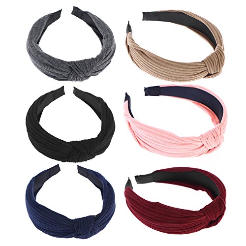 Frcolor 6 piezas de ancho bandas para la cabeza nudos turbante diademas para mujeres niñas (rojo vino + gris oscuro + azul marino + negro + color caqui + rosa)