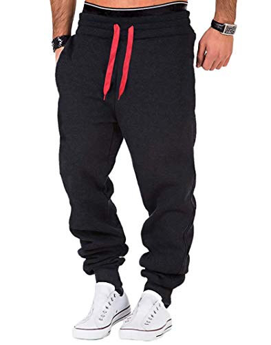 Frecoccialo Pantalones de chándal para hombre de algodón deportivo Slim Fit, pantalones de chándal para hombre con cordón de ejercicio de gimnasio negro/rojo XL