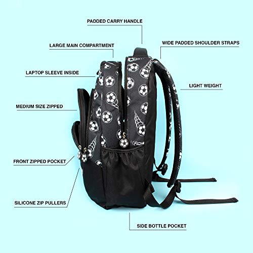 Fringoo - Mochila Grande para Niños Escuela o para Viajar | Incluye Bolsillo para Laptop, Compartimientos, y un Agujero para Auriculares - Futbol Negro