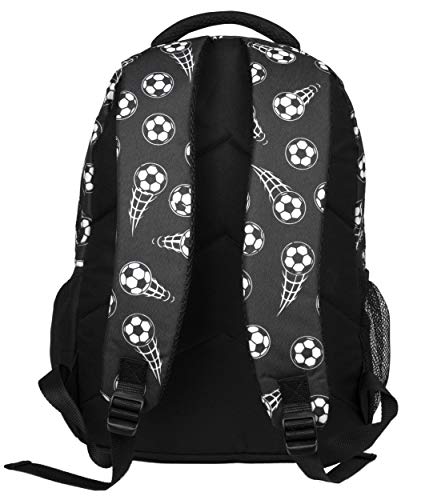 Fringoo - Mochila Grande para Niños Escuela o para Viajar | Incluye Bolsillo para Laptop, Compartimientos, y un Agujero para Auriculares - Futbol Negro