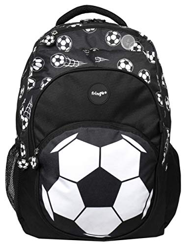 Fringoo - Mochila Grande para Niños Escuela o para Viajar | Incluye Bolsillo para Laptop, Compartimientos, y un Agujero para Auriculares - Futbol Negro