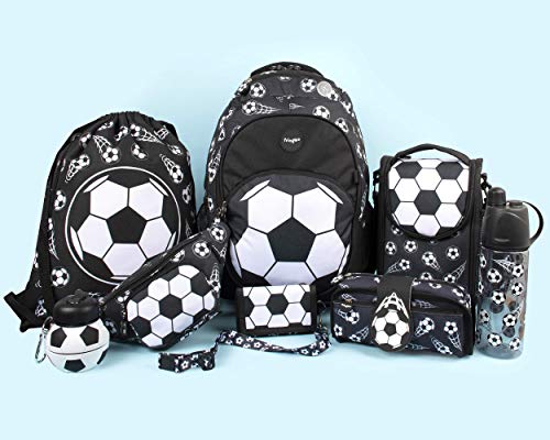 Fringoo - Mochila Grande para Niños Escuela o para Viajar | Incluye Bolsillo para Laptop, Compartimientos, y un Agujero para Auriculares - Futbol Negro