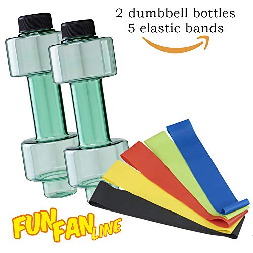 FUN FAN LINE - Pack x2 Botellas mancuerna de Medio Kilo o Capacidad 500 ml Cada una + 5 Bandas elásticas, Cada Resistencia para Hacer Ejercicio en casa y Mejorar tu Fuerza.