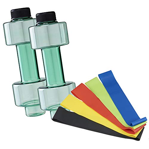 FUN FAN LINE - Pack x2 Botellas mancuerna de Medio Kilo o Capacidad 500 ml Cada una + 5 Bandas elásticas, Cada Resistencia para Hacer Ejercicio en casa y Mejorar tu Fuerza.