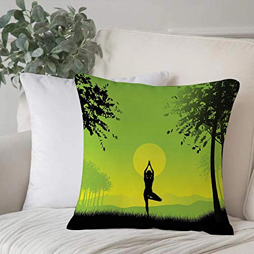 Funda de Cojín duradero Fundas de Almohada Decorativa,Yoga, Meditando Señora bajo el cielo del atardecer en The Forest Serenity Balance Soul Nature,Funda de Cojín con Cremallera Invisible 45 x 45 cm