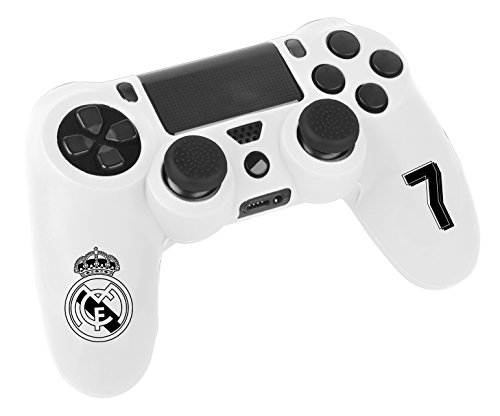 Funda protectora de silicona para mando PS4 - Carcasa blanda antideslizante con Thumb grips caps de precisión para joysticks – Accesorios videojuegos con licencia oficial Real Madrid