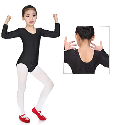 furein Maillot de Danza Ballet Gimnasia Leotardo Body Clásico Elástico para Niña de Manga Larga Cuello Redondo (12 años, Negro)