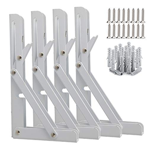 FUSIYU Soportes para Estantes Plegables 4 Piezas, Escuadras Abatibles Soporte Pared, Soportes Estanterías Escuadras Metálicas Ahorrar Espacio Soportes de Metal Completo, 400 x 215mm, Blanco