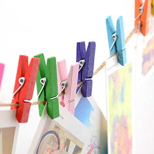 G2PLUS 100 Madera Pinzas, Colore Pinzas para la Ropa, con 30 m de Cuerda de Yute, para Fotos Manualidades Decoración Bricolaje