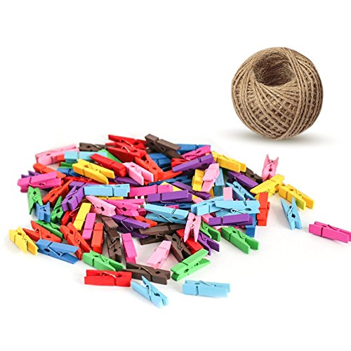 G2PLUS 100 Madera Pinzas, Colore Pinzas para la Ropa, con 30 m de Cuerda de Yute, para Fotos Manualidades Decoración Bricolaje G2PLUS 100 Madera Pinzas, Colore Pinzas para la Ropa, con 30 m de Cuerda de Yute, para Fotos Manualidades Decoración Bricolaje