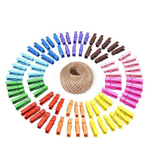 G2PLUS 100 Madera Pinzas, Colore Pinzas para la Ropa, con 30 m de Cuerda de Yute, para Fotos Manualidades Decoración Bricolaje