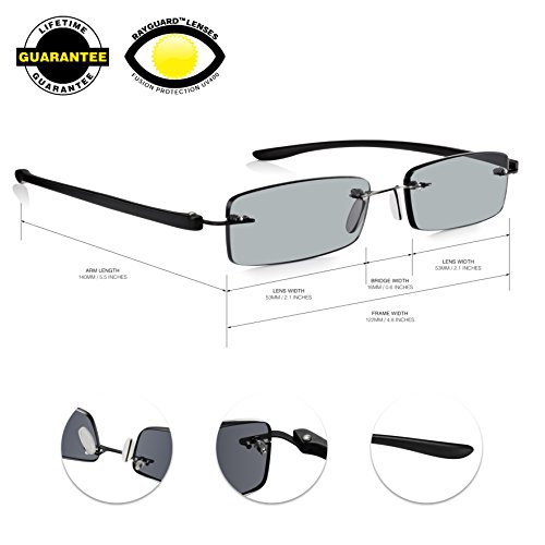 Gafas de Sol de Lectura READ OPTICS Graduadas desde +1 hasta +3.5 Dioptrías: Lentes para Leer Tintadas con Protección UV-400 100% Rayguard™ | Sin marco con Varillas Resistentes Negras | Hombre/Mujer