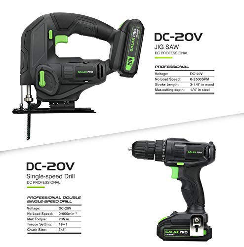 GALAX PRO Kit de Herramientas Eléctricas Inalámbricas, 600RPM 20V Destornillador de Taladro de una Velocidad, 20V 0-2500 SPM Sierra de calar Inalámbrica,con1.3Ah Batería y Cargador GALAX PRO Kit de Herramientas Eléctricas Inalámbricas, 600RPM 20V Destornillador de Taladro de una Velocidad, 20V 0-2500 SPM Sierra de calar Inalámbrica,con1.3Ah Batería y Cargador