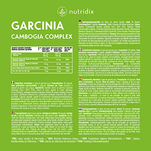 Garcinia Cambogia 2.000mg por Dosis - Quemagrasas e Inhibidor del Apetito con 60% HCA - Potente termogénico con Cromo, Vitaminas y Zinc - 100% Vegano 90 cápsulas Nutridix