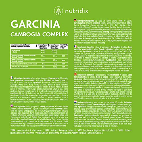Garcinia Cambogia 2.000mg por Dosis - Quemagrasas e Inhibidor del Apetito con 60% HCA - Potente termogénico con Cromo, Vitaminas y Zinc - 100% Vegano 90 cápsulas Nutridix Garcinia Cambogia 2.000mg por Dosis - Quemagrasas e Inhibidor del Apetito con 60% HCA - Potente termogénico con Cromo, Vitaminas y Zinc - 100% Vegano 90 cápsulas Nutridix