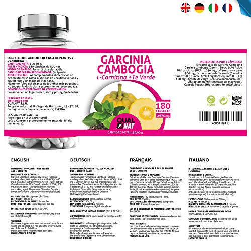 Garcinia Cambogia + L-Carnitina + Té Verde | Garcinia Cambogia Pura | Tú Complemento Natural | Termogénico Potente - 180 Cápsulas - Qualnat
