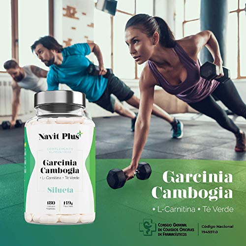 Garcinia Cambogia + L-Carnitina + Té Verde | Reductor del apetito | Código Nacional Farmacia 194557.0 | Quemagrasas 100% natural | Fabricado en España |180 cápsulas vegetales | Navit Plus.