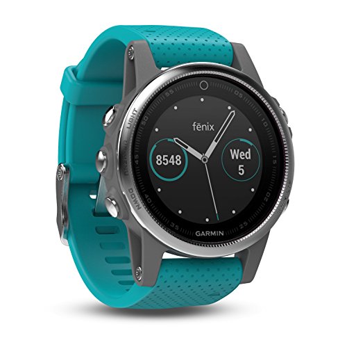 Garmin Fenix 5S - Reloj multideporte, con GPS y medidor de frecuencia cardiaca, lente de cristal y bisel de acero inoxidable, 42 mm, Plata/Turquesa