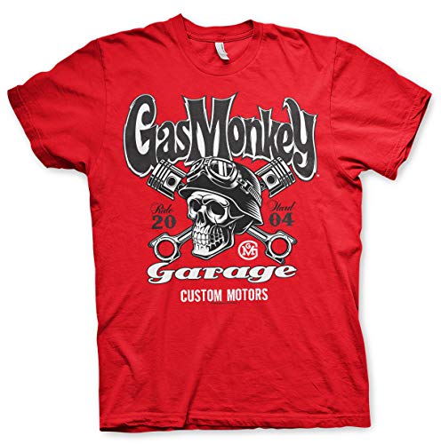 Gas Monkey Garage Oficialmente Licenciado GMG - Custom Motors Skull Camiseta para Hombre (Rojo), Medium