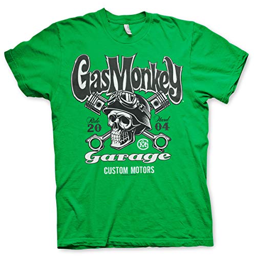 Gas Monkey Garage Oficialmente Licenciado GMG - Custom Motors Skull Camiseta para Hombre (Verde), Medium