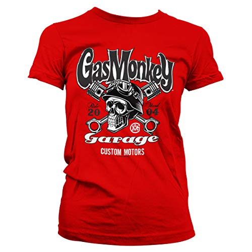Gas Monkey Garage Oficialmente Licenciado GMG - Custom Motors Skull Mujer Camiseta (Rojo), Medium