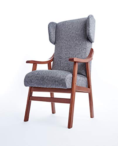 Gasten a gusto Silla con Brazos y Orejas apoya-Cabeza. Madera Color: Cerezo (Medidas: 117 * 69 * 57 cm) Tela Antimanchas: para Personas Mayores o geriátrico. Prótesis de Cadera. Gris