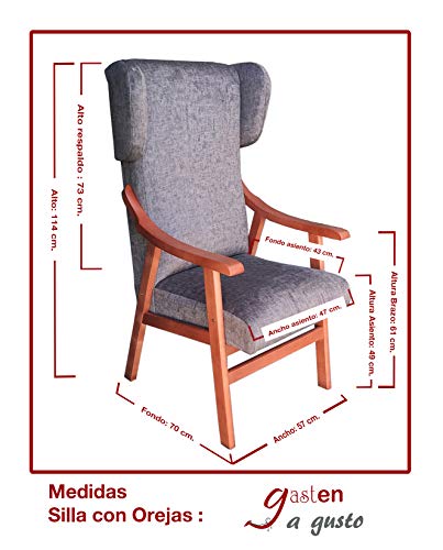 Gasten a gusto Silla con Brazos y Orejas apoya-Cabeza. Madera Color: Cerezo (Medidas: 117 * 69 * 57 cm) Tela Antimanchas: para Personas Mayores o geriátrico. Prótesis de Cadera. Gris Gasten a gusto Silla con Brazos y Orejas apoya-Cabeza. Madera Color: Cerezo (Medidas: 117 * 69 * 57 cm) Tela Antimanchas: para Personas Mayores o geriátrico. Prótesis de Cadera. Gris