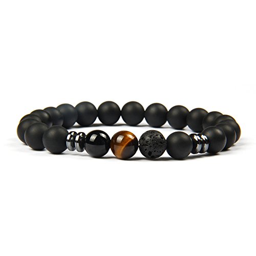 GD GOOD.designs EST. 2015 ® Pulsera de Perlas Chakra Fabricada de ónix y Piedra volcánica, Pulsera energética con Perla de Jaspe de Colores, Pulsera de Yoga para Hombres y Mujeres (Ojo de Tigre)