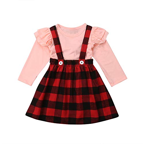 Geagodelia Vestido de Navidad para niña, diseño de cuadros rojos, vestido de bebé, manga larga, camisas, ropa de Navidad, conjunto de vestido, disfraz de Navidad rosa 6-12 Meses